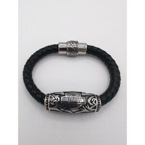Harley-Davidson Silver Tone Stainless Steel Black Leather Wrist Band Bracelet
